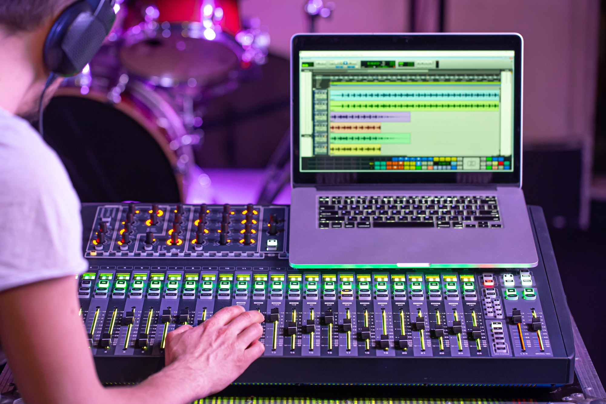 Digital mixer in a recording Studio , with a computer for recording music.